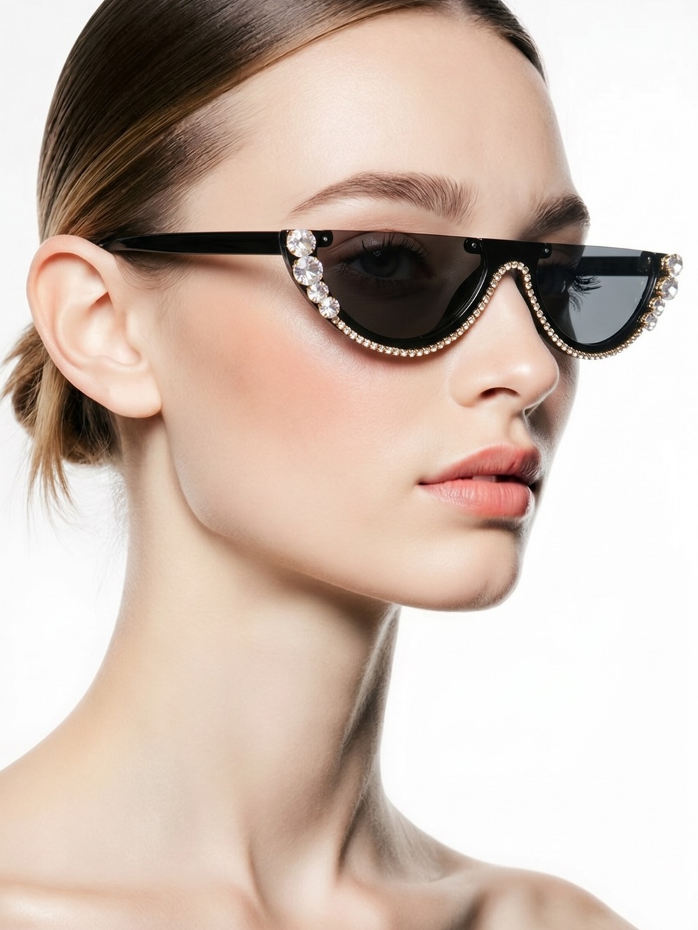 Crystal-Embellished Black Cat-Eye Sunglasses